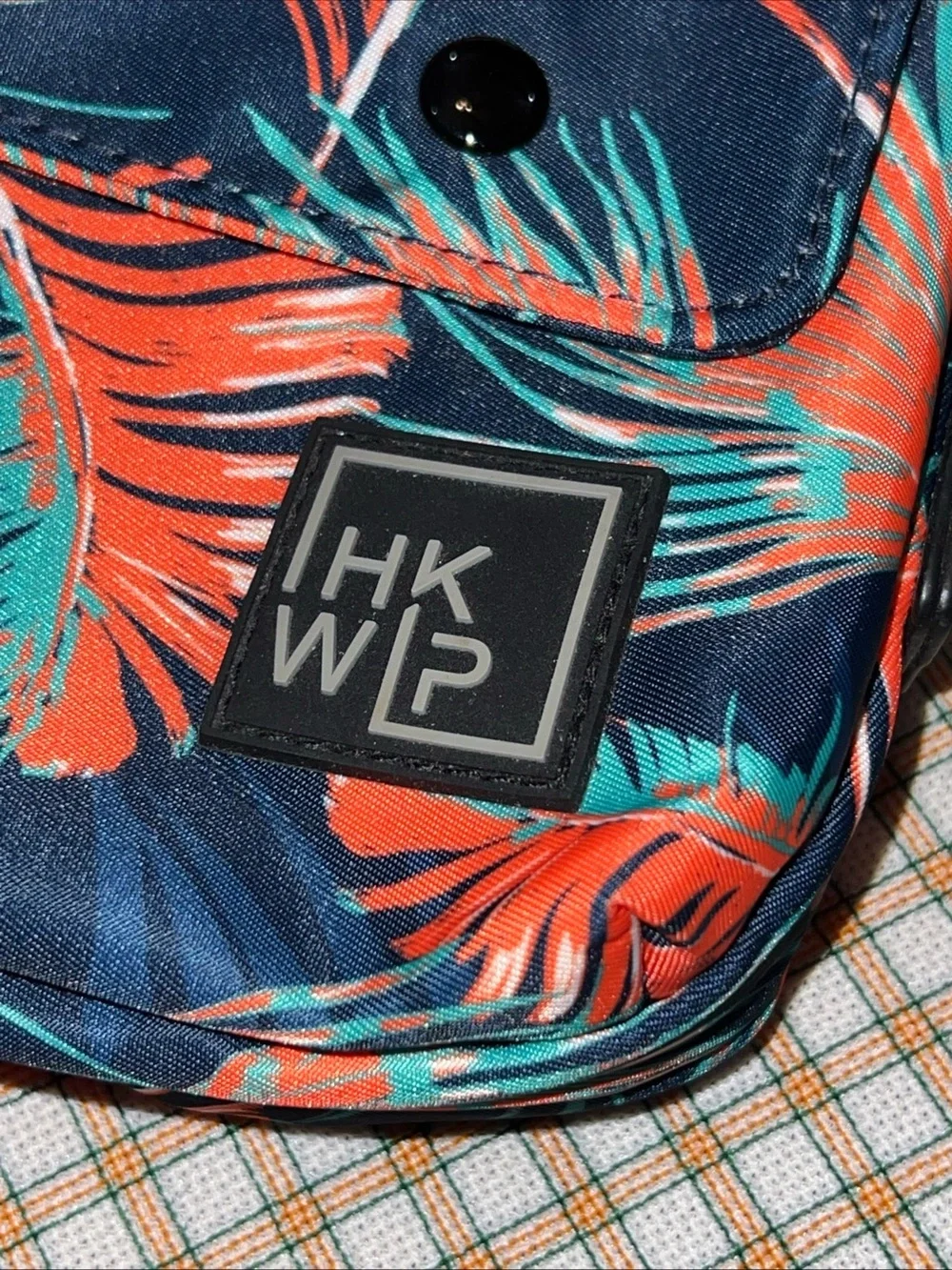 HKWP Navy Crossbody Bag with Coral & Teal Tropical Print